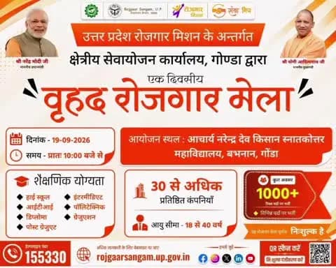 मनकापुर: बभनान में 19 सितंबर को रोजगार मेला लगेगा, 1000 से अधिक पदों पर होगी भर्ती