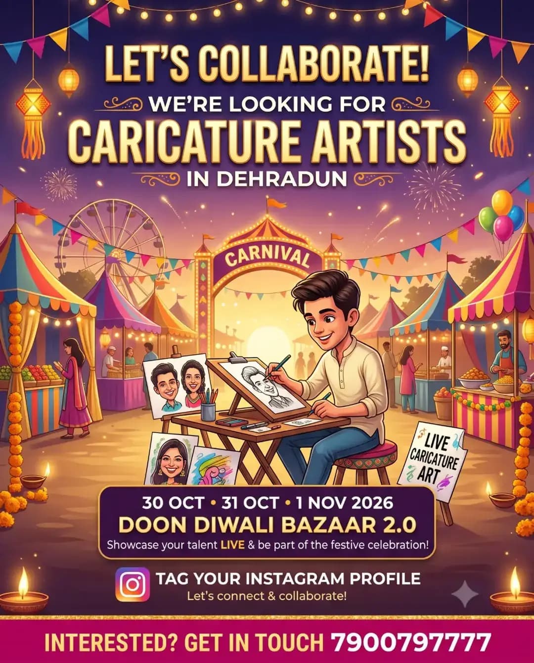🎨✨ **LET’S COLLABORATE!** 🎪🪔
Are you a **Caricature Artist in Dehradun** looking for an exciting opportunity to showcase your talent LIVE? 👀
We’re inviting talented **Caricature Artists** to be a part of **Doon Diwali Bazaar 2.0** — a vibrant festive carnival filled with shopping, entertainment, food, creativity & celebrations! 🎡✨
📅 **30th October | 31st October | 1st November 2026**
📍 **Doon Diwali Bazaar 2.0**
Turn your creativity into unforgettable smiles, meet new people and create amazing caricatures LIVE at the carnival! 🎨❤️
👉 **Want to collaborate?**
📸 **Tag your Instagram profile in the comments**
📩 DM us for collaboration details
📞 **7900797777**
Tag a talented caricature artist who should be here! 👇🎨
#DoonDiwaliBazaar #DoonDiwaliBazaar2 #CaricatureArtist #CaricatureArtistIndia #DehradunArtists Dehradun ArtistCollaboration DehradunEvents DiwaliCarnival FestiveCarnival LiveArtist ArtistOpportunity UttarakhandArtists DehradunCreators