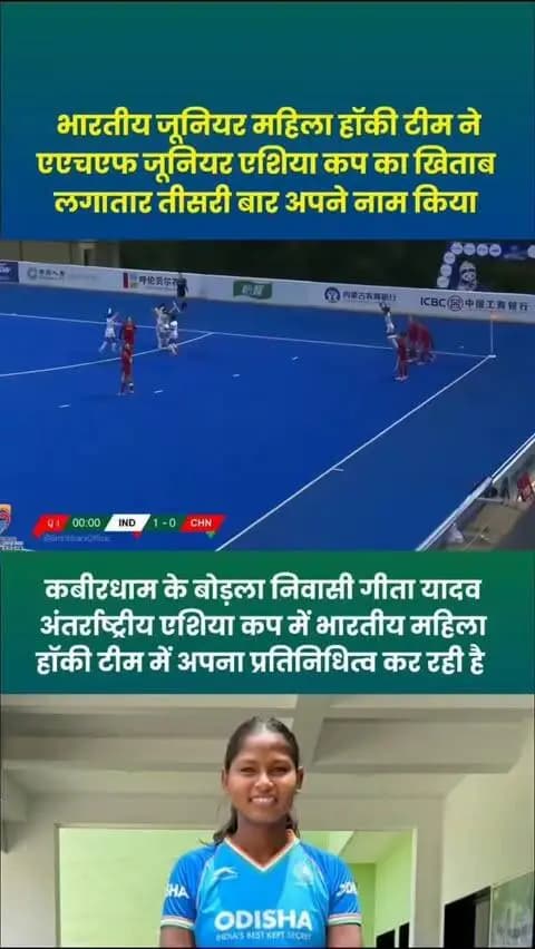 चीन को 1-0 से हराकर भारतीय जूनियर महिला हॉकी टीम ने एएचएफ जूनियर एशिया कप का खिताब लगातार तीसरी बार अपने नाम कर इतिहास रचा।
इस गौरवपूर्ण जीत में नगर पंचायत बोड़ला के वार्ड क्रमांक 14 निवासी सुश्री गीता यादव, पिता श्री गोपी राम यादव का भारतीय टीम का प्रतिनिधित्व करना पूरे कबीरधाम के लिए गर्व का विषय है।
बोड़ला के छोटे से मैदान से शुरू हुआ गीता यादव का हॉकी सफर आज अंतरराष्ट्रीय मंच तक पहुंच चुका है।