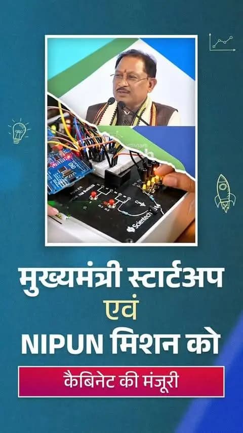 मुख्यमंत्री श्री विष्णु देव साय के नेतृत्व में मुख्यमंत्री स्टार्टअप एवं NIPUN मिशन को कैबिनेट की मंजूरी मिली।
अगले 5 वर्षों में ₹500 करोड़ के प्रावधान से 33 जिलों में उद्यमिता केंद्र, 100 इमर्जिंग टेक्नोलॉजी लैब और 5 इंडस्ट्री एक्सीलेंस सेंटर स्थापित होंगे।