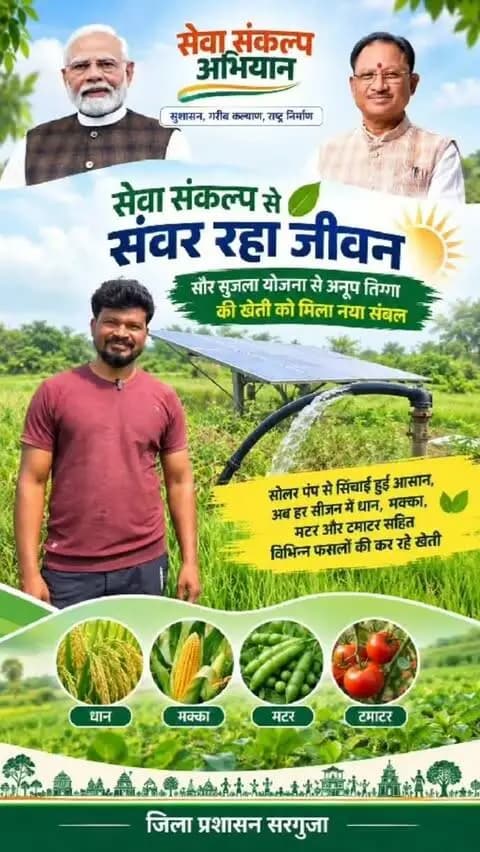 सेवा संकल्प से संवर रहा जीवन : सौर सुजला योजना से अनूप तिग्गा की खेती को मिला नया संबल
सोलर पंप से सिंचाई हुई आसान, अब हर सीजन में धान, मक्का, मटर और टमाटर सहित विभिन्न फसलों की कर रहे खेती
#sevasankalpabhiyan
#modiat25
#vishnubhaiya
#Surguja
@chhattisgarhcmo @dpr.chhattisgarh @cgmygov