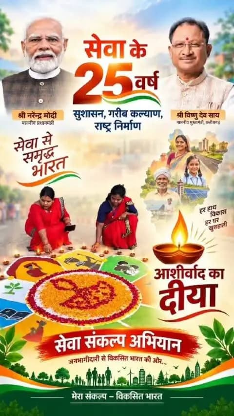 सेवा के 25 वर्ष — सुशासन, गरीब कल्याण और राष्ट्र निर्माण।
‘सेवा संकल्प अभियान’ के तहत जनभागीदारी का उत्साह… रंगोली और दीपों के माध्यम से ‘आशीर्वाद का दीया’ प्रज्वलित कर सेवा, संकल्प और जनकल्याण का संदेश दिया गया।
जनभागीदारी से आगे बढ़ता विकसित भारत का संकल्प लिया।
#CGkeAshirwadkaDiya
#sevasankalpabhiyan
#modiat25
#vishnubhaiya
#Surguja
@chhattisgarhcmo
@dpr.chhattisgarh
@cgmygov