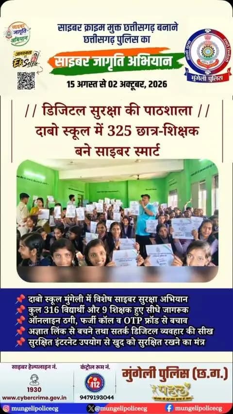 शासकीय उच्चतर माध्यमिक विद्यालय दाबो (मुंगेली) में साइबर जागृति अभियान के तहत 316 छात्र-छात्राओं और 9 शिक्षकों को ऑनलाइन ठगी, संदिग्ध लिंक तथा OTP/UPI फ्रॉड से बचाव के महत्वपूर्ण गुर सिखाए गए।
#CyberSafety #DigitalIndia #Mungeli #OnlineFraudAwareness #CyberAware