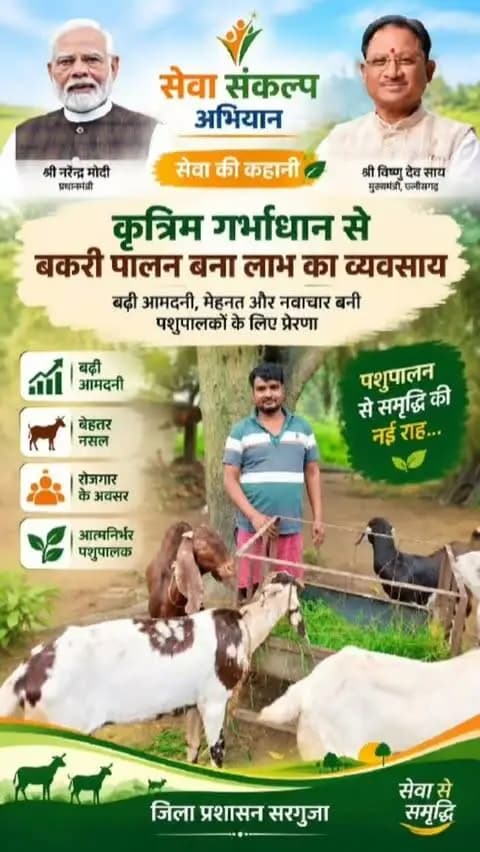 सेवा संकल्प अभियान-सेवा की कहानी
कृत्रिम गर्भाधान तकनीक से बकरी पालन को मिला नया संबल। बेहतर नस्ल, बढ़ती आमदनी और रोजगार के नए अवसरों के साथ पशुपालक आत्मनिर्भरता की ओर कदम बढ़ा रहे हैं। मेहनत और नवाचार से पशुपालन अब लाभ के व्यवसाय में बदल रहा है।
सेवा से समृद्धि की ओर बढ़ता सरगुजा।
#सेवा_संकल्प_अभियान #SevaSankalpAbhiyan #SevaSankalp #JanSeva #JanBhagidari
@chhattisgarhcmo @dpr.chhattisgarh @cgmygov