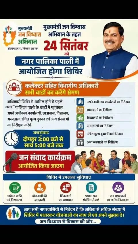 ⏩मुख्यमंत्री जन विश्वास अभियान के तहत 24 सितंबर को नगर पालिका पाली में आयोजित होगा शिविर
⏩कलेक्टर सहित विभागीय अधिकारी सभी वार्डाे का करेंगे भ्रमण
⏩जिले के शहरी और ग्रामीण क्षेत्रों में 8 जनवरी 2027 तक मुख्यमंत्री जन विश्वास अभियान चलाया जा रहा है। कलेक्टर श्रीमती राखी सहाय एवं सीईओ जिला पंचायत अभय सिंह व्दारा नगर पालिका पाली के विभिन्न वार्डाे का 24 सितंबर को भ्रमण किया जाएगा।
⏩ कलेक्टर ने निर्देश दिए है कि अधिकारी शिविर में शामिल होने से पहले नगर पालिका पाली के वार्डाे में पहुंचकर अपने अधीनस्थ कार्यालयों, छात्रावास, विद्यालय , अस्पताल, उचित मूल्य दुकान एवं अन्य संस्थाओं का निरीक्षण करेंगे तथा तदुपरांत दोपहर 3 बजे से सायं 5 बजे तक आयोजित जन संवाद स्थल में उपस्थित होकर अपने अपने विभाग के किए गए निरीक्षण की विस्तृत जानकारी से अवगत कराएंगे तथा शासन की हितग्राही मूलक योजनाओं के क्रियान्वयन की समीक्षा करेंगे।
@cmmadhyapradesh
@jansamparkmp
#JanVishwasAbhiyan2026
#हर_
