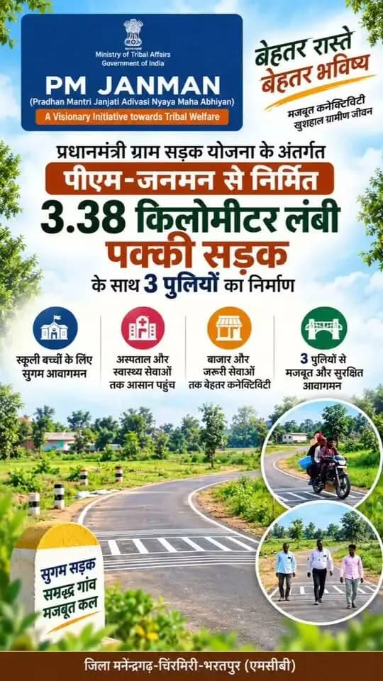 सेवा संकल्प अभियान के तहत जिले में जनकल्याणकारी योजनाओं से आम लोगों के जीवन में आए बदलावों को सामने लाया जा रहा है। इसी क्रम में प्रधानमंत्री ग्राम सड़क योजना के अंतर्गत प्रधानमंत्री जनजाति आदिवासी न्याय महाअभियान (पीएम-जनमन) के तहत क्षेत्र में निर्मित 3.38 किलोमीटर लंबी सड़क ग्रामीणों के लिए बेहतर आवागमन का माध्यम बनी है। सड़क के साथ 3 पुलियों का भी निर्माण किया गया है, जिससे क्षेत्र की आवागमन सुविधा मजबूत हुई है। सड़क निर्माण से क्षेत्र के ग्रामीणों को आवागमन में सुविधा मिली है। खासतौर पर स्कूली बच्चों को इसका सीधा लाभ मिल रहा है। ग्रामीणों के अनुसार पहले बच्चों को स्कूल आने-जाने में रास्ते की स्थिति के कारण परेशानी होती थी, लेकिन सड़क बनने के बाद उनका आवागमन काफी आसान हो गया है। अब बच्चे सुविधाजनक तरीके से स्कूल आ-जा रहे हैं। ग्रामीणों ने बताया कि सड़क बनने से स्कूल, अस्पताल, बाजार और अन्य जरूरी सेवाओं तक पहुंच आसान हुई है। बारिश के दौरान भी आवागमन में पहले की अपेक्षा सुविधा मिली है। सड़क के साथ निर्मित तीन पुलियों से पानी की निकासी और आवागमन व्यवस्था को भी बेहतर बनाने में मदद मिली है।
#सेवा_संकल्प_अभियान #आशीर्वाद_का_दीया #SevaSankalpAbhiyan #SevaSankalp #pmjanmanyojana