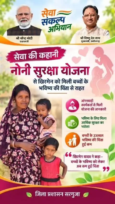 सेवा की कहानी: नोनी सुरक्षा योजना
बच्चों के भविष्य की चिंता हुई कम, आर्थिक सुरक्षा का मिला भरोसा।
आंगनबाड़ी कार्यकर्ता से मिली जानकारी के बाद खिरमेन यादव ने नोनी सुरक्षा योजना का लाभ लिया। योजना से बच्चों के उज्ज्वल और सुरक्षित भविष्य को लेकर परिवार को नई उम्मीद और संबल मिला है।
#सेवा_संकल्प_अभियान #SevaSankalpAbhiyan #Sसेवा_की_कहानी #NoniSurakshaYojana #JanSeva
@chhattisgarhcmo @dpr.chhattisgarh @wcd_cg