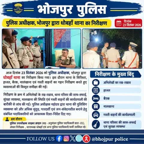 आज दिनांक 23 सितंबर 2026 को पुलिस अधीक्षक, भोजपुर द्वारा धोबहाॅं थाना का निरीक्षण किया गया।