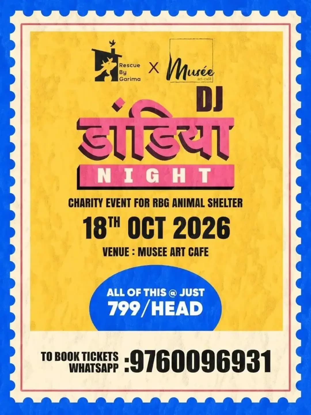 Dandiya, music, street food & a whole lot of love for animals! 🐾💃🏻
This 18th October, we're bringing you a night where celebration meets compassion. ❤️
Join us for a DJ Dandia Night, a charity event for RBG Animal Shelter (@rescuebygarima ) at musee_art_cafe Musée Art Cafe.
What’s waiting for you? 👀
✨ Unlimited Indian street food
🍹 1 complimentary mocktail
🎶 DJ & Dandiya
🐾 Pet-friendly celebration
🎯 Games stalls
🛍️ Shopping stalls
🐶 Pet fashion show
🎟️ Tickets: ₹799 per person
Come with your friends, bring your pets, dance your heart out, and be a part of something that helps animals.
📅 18th October | Musée Art Cafe
Save the date. Tag your dandiya partner. And get ready for a night that does a little good. 💚