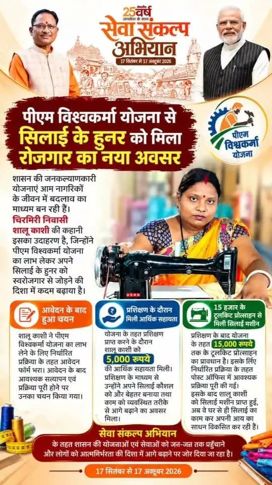 चिरमिरी निवासी शालू काशी ने पीएम विश्वकर्मा योजना का लाभ लेकर अपने सिलाई के हुनर को आत्मनिर्भरता की दिशा में आगे बढ़ाया। प्रशिक्षण के दौरान ₹5,000 की आर्थिक सहायता और ₹15,000 तक के टूलकिट प्रोत्साहन के तहत सिलाई मशीन मिलने से अब वे घर से ही सिलाई कार्य कर अपनी आय का साधन विकसित कर रही हैं। यह बदलाव बताता है कि शासन की जनकल्याणकारी योजनाएं किस तरह हुनर को अवसर और अवसर को स्वरोजगार में बदलने का माध्यम बन रही हैं।
#सेवा_संकल्प_अभियान #आशीर्वाद_का_दीया #SevaSankalpAbhiyan #SevaSankalp