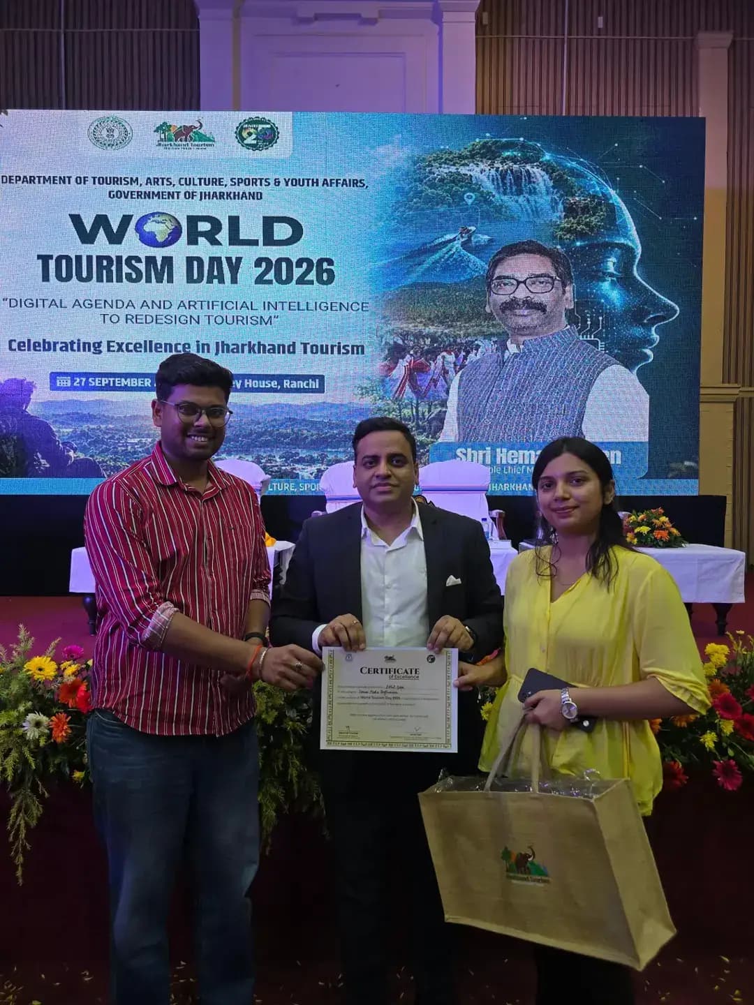 A truly memorable experience at World Tourism Day 2026, celebrated by the Department of Tourism, Arts, Culture, Sports & Youth Affairs, Government of Jharkhand, at Audrey House, Ranchi.
The event also marked the celebration of "Digital Agenda and Artificial Intelligence to Redesign Tourism," highlighting how technology, creativity, and storytelling are shaping the future of tourism, alongside the felicitation of all the empanelled influencers who were part of the Jharkhand Tourism Monsoon Campaign.
We are truly grateful to have been part of this special occasion and to receive a Certificate of Excellence in appreciation of Jamshedpur City Media towards the growth and promotion of tourism in Jharkhand.
#WorldTourismDay2026 #JharkhandTourism
#Jharkhand #Ranchi #Jamshedpur