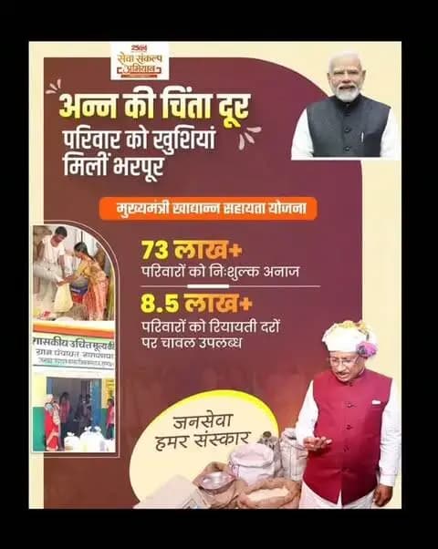 मुख्यमंत्री श्री विष्णु देव साय के नेतृत्व में छत्तीसगढ़ में मुख्यमंत्री खाद्यान्न सहायता योजना के माध्यम से जरूरतमंद परिवारों को खाद्य सुरक्षा का मजबूत संबल मिल रहा है।
प्रदेश में 73 लाख से अधिक परिवारों को निःशुल्क अनाज और 8.5 लाख से अधिक परिवारों को रियायती दरों पर चावल उपलब्ध कराया जा रहा है।
#मुख्यमंत्री_खाद्यान्न_सहायता_योजना #JanSeva #ViksitChhattisgarh #VishnuDeoSai #Sushasansarkar