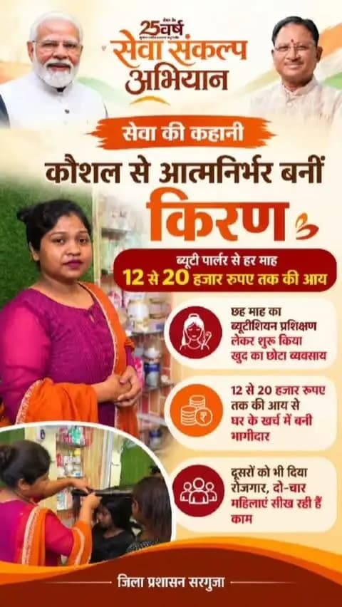 सेवा की कहानीः कौशल से आत्मनिर्भर बनीं किरण, ब्यूटी पार्लर से हर माह 12 से 20 हजार रुपए तक की आय
छह माह का ब्यूटीशियन प्रशिक्षण लेकर शुरू किया खुद का छोटा व्यवसाय, घर के खर्च में बनीं भागीदार
दूसरों को भी दिया रोजगार, दो-चार महिलाएं सीख रही हैं काम
#सेवा_संकल्प_अभियान #सेवा_की_कहानी #SevaSankalpAbhiyan #SevaSankalp #JanSeva
@chhattisgarhcmo @dpr.chhattisgarh