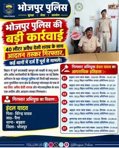 #भोजपुर_पुलिस की बड़ी कार्रवाई: 40 लीटर अवैध देशी शराब और एक मोटरसाइकिल के साथ आदतन तस्कर गिरफ्तार, कई थानों में दर्ज हैं पूर्व से मामले।
"भोजपुर पुलिस सदैव आपकी सेवा में तत्पर"
#HainTaiyaarHum #bihar #BiharPolice