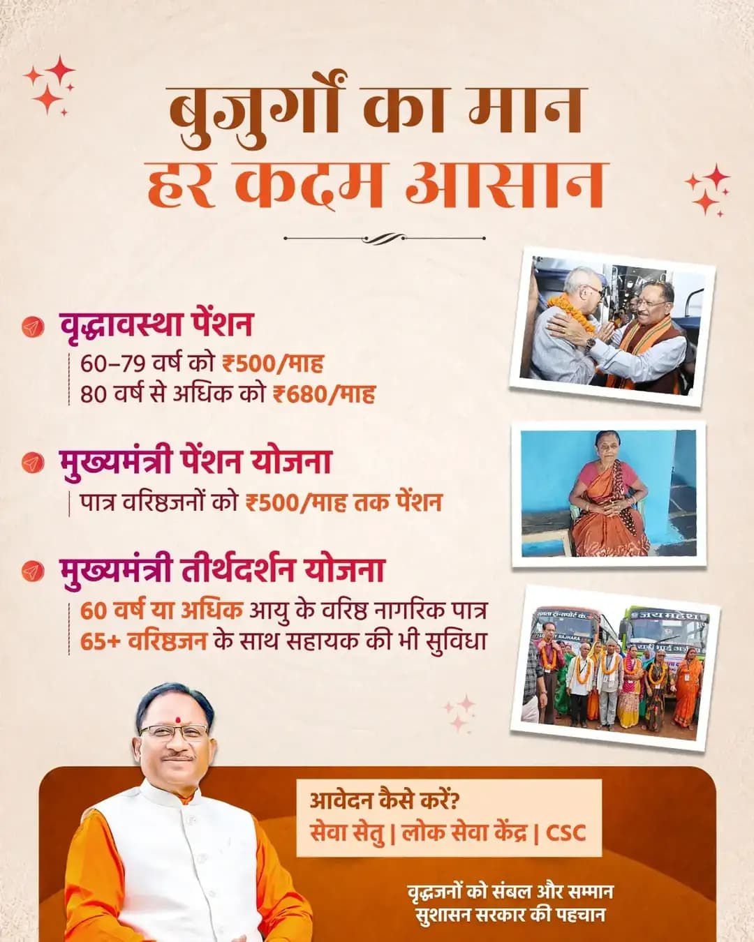 वरिष्ठजनों का सम्मान, जीवन में संबल और सुविधा
मुख्यमंत्री श्री विष्णु देव साय के नेतृत्व में सुशासन सरकार, वरिष्ठजनों को वृद्धावस्था पेंशन से आर्थिक सहारा, मुख्यमंत्री पेंशन योजना से नियमित सहायता और मुख्यमंत्री तीर्थदर्शन योजना से तीर्थयात्रा का अवसर प्रदान कर रही है। पात्र वरिष्ठजन सेवा सेतु, लोक सेवा केंद्र या CSC के माध्यम से आवेदन कर सकते हैं। वरिष्ठजनों के सम्मान, सुरक्षा और सम्मानजनक जीवन के लिए सुशासन सरकार प्रतिबद्ध है।
<nis:link nis:type=tag nis:id=sushasansarkar nis:value=SushasanSarkar nis:enabled=true nis:link/> <nis:link nis:type=tag nis:id=सुशासन_सरकार nis:value=सुशासन_सरकार nis:enabled=true nis:link/> <nis:link nis:type=tag nis:id=वरिष्ठजन_सम्मान nis:value=वरिष्ठजन_सम्मान nis:enabled=true nis:link/> <nis:link nis:type=tag nis:id=वृद्धजन_कल्याण nis:value=वृद्धजन_कल्याण nis:enabled=true nis:link/> <nis:link nis:type=tag nis:id=chhattisgarh nis:value=chhattisgarh nis:enabled=true nis:link/>