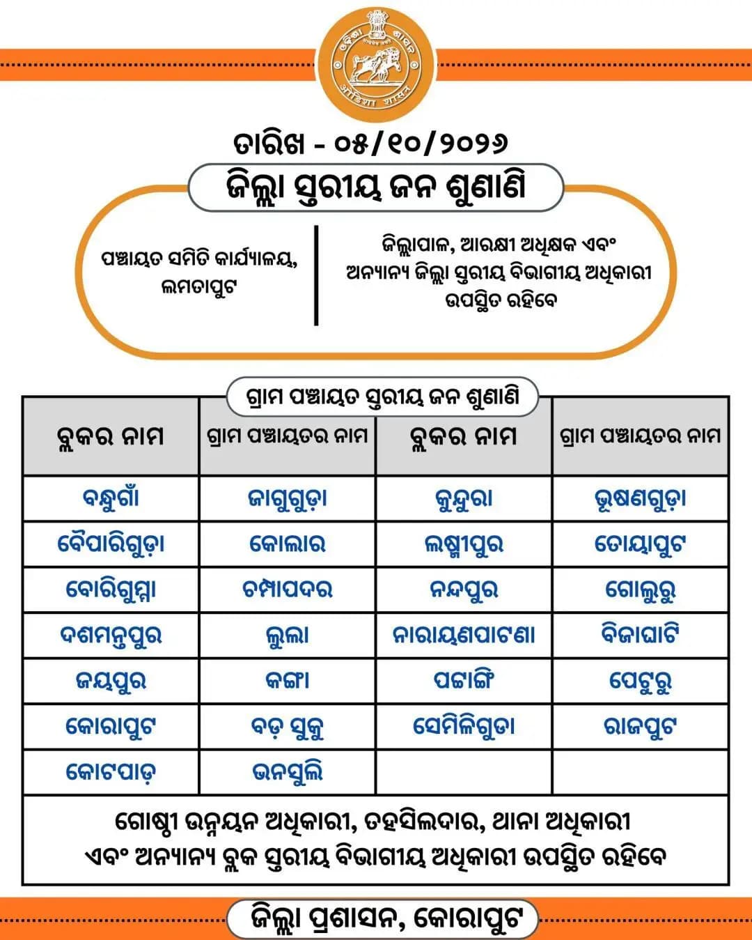 କୋଟପାଡ: କୋରାପୁଟ: ୫ ଅକ୍ଟୋବରରେ ହେବ ଜିଲ୍ଲାସ୍ତରୀୟ ଜନ ଶୁଣାଣି