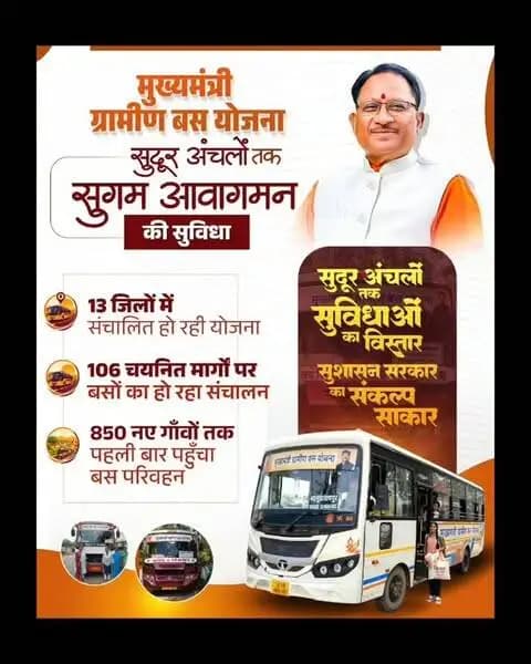 मुख्यमंत्री ग्रामीण बस योजना का सफल एक वर्ष पूर्ण, जहां कभी पहुँच पाना था मुश्किल, ऐसे सुदूर अंचलों तक भी आज सुगम आवागमन से सशक्त हो रहा ग्रामीण विकास
मुख्यमंत्री श्री विष्णु देव साय के नेतृत्व में मुख्यमंत्री ग्रामीण बस योजना के माध्यम से सुदूर अंचलों को बेहतर परिवहन सुविधा से जोड़ा गया है। सुगम कनेक्टिविटी से ग्रामीण क्षेत्रों में शिक्षा, स्वास्थ्य, रोजगार और आर्थिक गतिविधियों तक पहुंच आसान हो रही है।
सुदूर अंचलों तक सुविधाओं का विस्तार, सुशासन सरकार का संकल्प साकार
#OneyearofMMGBY #MukhyamantriGraminBusYojana #RuralDevelopment #Chhattisgarh #Sushasansarkar
