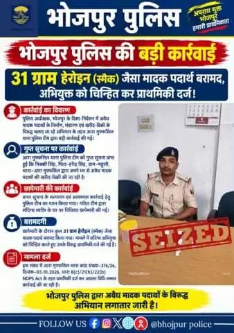 भोजपुर पुलिस की बड़ी कार्रवाई...आरा मुफस्सिल थाना क्षेत्र से 31 ग्राम हेरोइन जैसा मादक पदार्थ बरामद एवं अभियुक्त को चिन्हित कर प्राथमिकी दर्ज।
"भोजपुर पुलिस सदैव आपकी सेवा में तत्पर"
#HainTaiyaarHum #bihar #BiharPolice