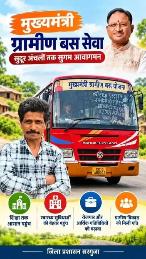 मुख्यमंत्री ग्रामीण बस योजना से आसान हो रहा गांव से शहर का सफर
दूरस्थ ग्रामीण क्षेत्रों को मिल रही नियमित बस सेवा।
कामकाजी लोगों और आम नागरिकों के लिए आवागमन हुआ आसान और सुविधाजनक।
बेहतर कनेक्टिविटी से गांव जुड़ रहे विकास की मुख्यधारा से।
#OneyearofMMGBY #MukhyamantriGraminBusYojana #RuralDevelopment #RuralConnectivity #GoodGovernance
@chhattisgarhcmo @dpr.chhattisgarh