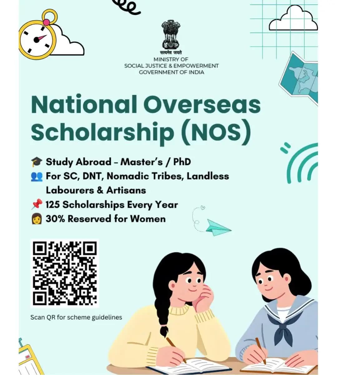 Study abroad with support through the National Overseas Scholarship for eligible students pursuing a Master’s or PhD. Scan the QR for scheme guidelines. #NationalOverseasScholarship