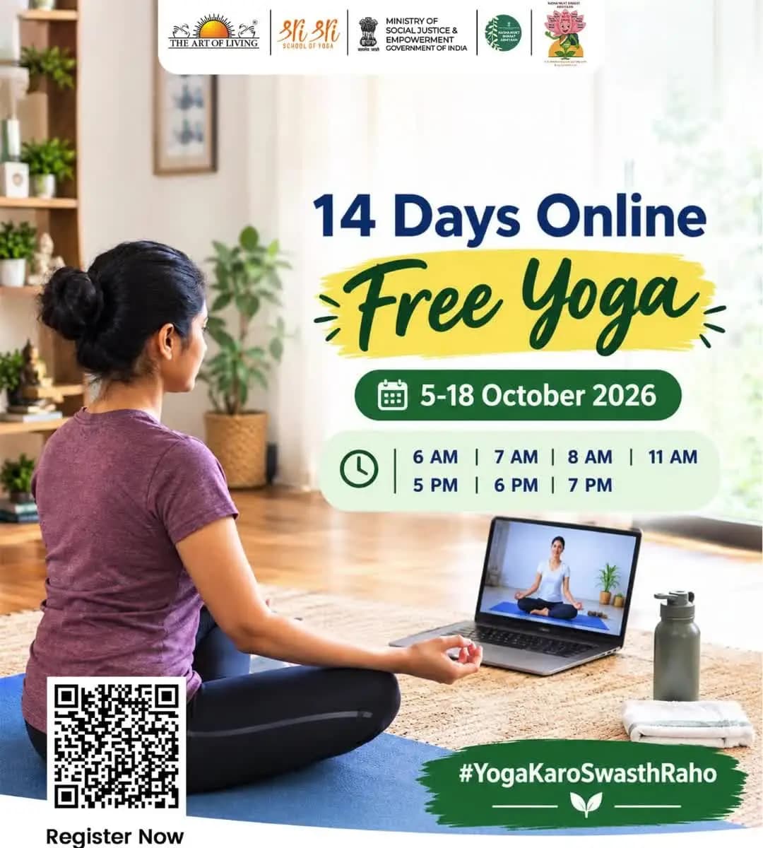 Enjoy 14 days of free online yoga from 5–18 October 2026 and take a step towards a healthier life. Register now: https://challenge.srisriyoga.in/oct26/user-msji