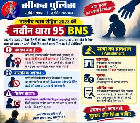 भारतीय न्याय संहिता 2023 की नवीन धारा 95 BNS
भारतीय न्याय संहिता (BNS) की धारा 95 किसी अपराध को अंजाम देने के लिए बच्चे को काम पर रखने, नियोजित करने या शामिल करने से संबंधित है।
#BNS95
#भारतीय_न्याय_संहिता
#नवीन_आपराधिक_कानून
#NewCrimi