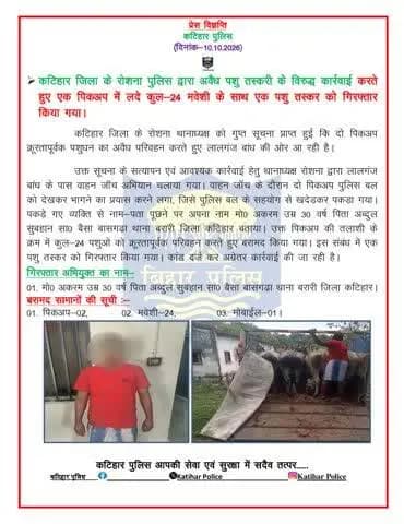 कटिहार जिला के रोशना पुलिस द्वारा अवैध पशु तस्करी के विरुद्ध कार्रवाई करते हुए एक पिकअप में लदे कुल–24 मवेशी के साथ एक पशु तस्कर को गिरफ्तार किया गया।