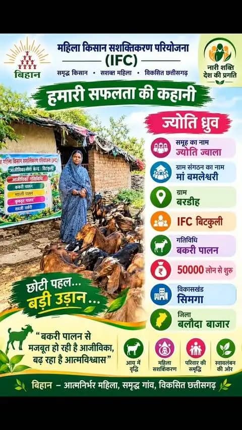 🐐 बकरी पालन से आत्मनिर्भरता की ओर बढ़ रहीं ज्योति ध्रुव, ₹50 हजार के ऋण से शुरू की आजीविका की पहल
महिला किसान सशक्तिकरण परियोजना (IFC) से ग्रामीण महिला उद्यमिता को मिल रहा बढ़ावा
बलौदाबाजार/सिमगा। छत्तीसगढ़ राज्य ग्रामीण आजीविका मिशन (बिहान) के अंतर्गत संचालित महिला किसान सशक्तिकरण परियोजना (Integrated Farming Cluster–IFC) ग्रामीण महिलाओं को आजीविका के नए अवसरों से जोड़ने में महत्वपूर्ण भूमिका निभा रही है। इसी कड़ी में विकासखंड सिमगा के ग्राम बरडीह की ज्योति ध्रुव ने बकरी पालन गतिविधि के माध्यम से आत्मनिर्भरता की दिशा में पहल की है।
ज्योति ध्रुव, ज्योति ज्वाला स्व-सहायता समूह से जुड़ी हैं। उन्हें बिहान की सामुदायिक संस्थाओं के सहयोग से आजीविका गतिविधि शुरू करने का अवसर मिला। उन्होंने ₹50,000 के ऋण से बकरी पालन व्यवसाय की शुरुआत की। यह पहल ग्रामीण क्षेत्र में उपलब्ध संसाधनों का उपयोग कर स्वरोजगार विकसित करने और परिवार की आजीविका को मजबूत बनाने की दिशा