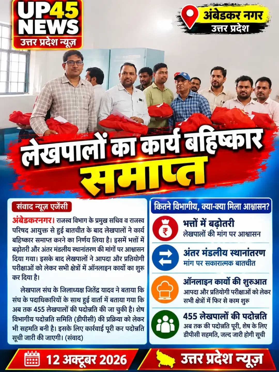 लेखपालों का कार्य बहिष्कार समाप्त! 📢 वार्ता के बाद काम पर लौटे लेखपाल, 455 लेखपालों की पदोन्नति भी हुई। 📰
<nis:link nis:type=tag nis:id=up45news nis:value=UP45News nis:enabled=true nis:link/> <nis:link nis:type=tag nis:id=अंबेडकरनगर nis:value=अंबेडकरनगर nis:enabled=true nis:link/> <nis:link nis:type=tag nis:id=लेखपाल nis:value=लेखपाल nis:enabled=true nis:link/> <nis:link nis:type=tag nis:id=उत्तरप्रदेश nis:value=उत्तरप्रदेश nis:enabled=true nis:link/> <nis:link nis:type=tag nis:id=upnews nis:value=UPNews nis:enabled=true nis:link/>