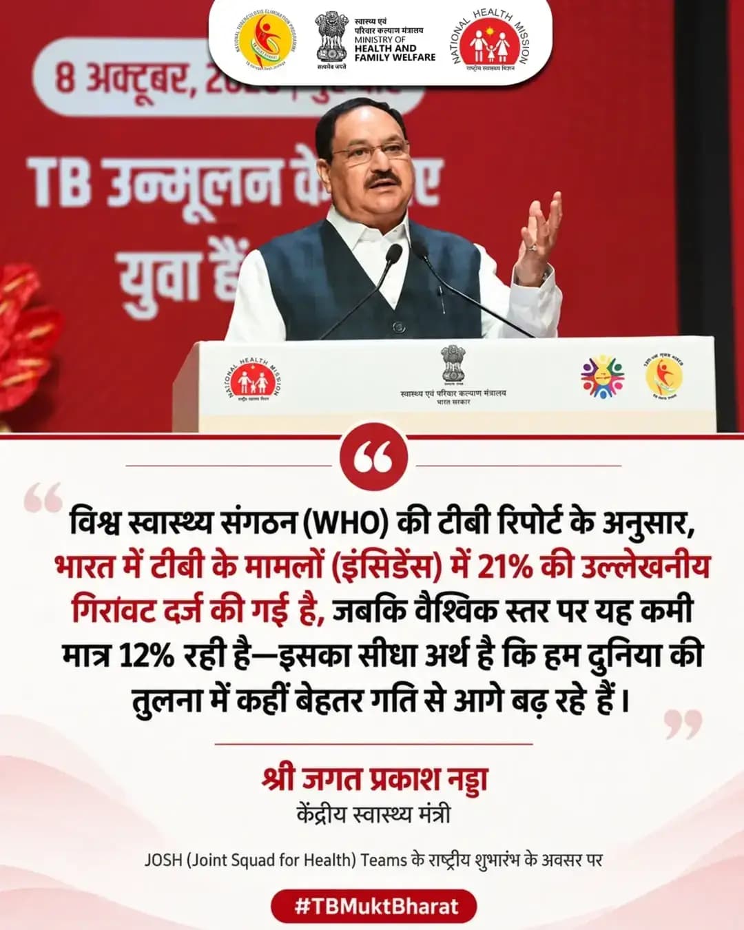 टीबी के खिलाफ लड़ाई में सामुदायिक सहभागिता, और जागरूकता को दूर करना बेहद महत्वपूर्ण है।
JOSH Teams के माध्यम से युवा स्वयंसेवक लोगों को खुलकर संवाद करने, समय पर जांच कराने और उपचार लेने के लिए प्रोत्साहित कर रहे हैं।
युवाओं की सक्रिय भागीदारी और सामूहिक प्रयासों से टीबी मुक्त भारत के संकल्प को नई मजबूती मिल रही है।
<nis:link nis:type=tag nis:id=josh nis:value=JOSH nis:enabled=true nis:link/> <nis:link nis:type=tag nis:id=tbmuktbharat nis:value=TBMuktBharat nis:enabled=true nis:link/> <nis:link nis:type=tag nis:id=janbhagidari nis:value=JanBhagidari nis:enabled=true nis:link/> <nis:link nis:type=tag nis:id=tbhaaregadeshjeetega nis:value=TBHaaregaDeshJeetega nis:enabled=true nis:link/>