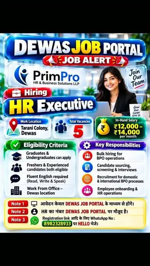 🚨 DEWAS JOB PORTAL | JOB ALERT 🚨
🏢 Company: PrimPro HR & Business Solutions LLP
💼 Hiring For: HR Executive
📍 Work Location: Tarani Colony, Dewas
👥 Total Vacancies: 5
💰 In-Hand Salary: ₹12,000 – ₹14,000 per month
✅ योग्यता एवं पात्रता (Eligibility):
🔹 Graduate एवं Undergraduate दोनों आवेदन कर सकते हैं।
🔹 Fresher और Experienced candidates दोनों eligible हैं।
🔹 English पढ़ना, लिखना और बोलना अनिवार्य है।
🔹 Work From Office – Dewas
💼 मुख्य कार्य (Key Responsibilities):
✔️ BPO के लिए Bulk Hiring
✔️ Candidate Sourcing, Screening एवं Interviews
✔️ Domestic & International BPO Recruitment
✔️ Employee Onboarding एवं HR Operations
📌 महत्वपूर्ण सूचना:
🔴 आवेदन केवल DEWAS JOB PORTAL के माध्यम से होंगे।
🔴 HR का संपर्क नंबर DEWAS JOB PORTAL पर उपलब्ध है।
🟢 Registration Link एवं अन्य जानकारी के लिए WhatsApp पर 8982328933 पर HELLO भेजें।
📲 आज ही आवेदन करें और अपने करियर की शुरुआत करें!
🌐 Official Website: https://dewasjob.mp.gov.in/