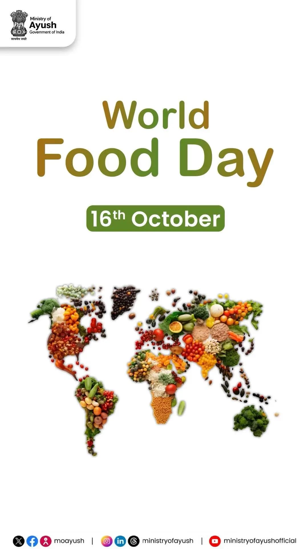 A diverse diet, seasonal and regional foods, mindful eating, and thoughtful food preparation are important elements of everyday dietary practices.
This World Food Day, explore the Ayush perspective on nutrition and embrace balanced, wholesome eating for better health.
#WorldFoodDay #AyushForBetterNutrition #SahiPoshanSwasthJeevan #MinistryOfAyush
@mppratapraojadhao @mib_india @pibindia @ddnews_official @airnewsalerts