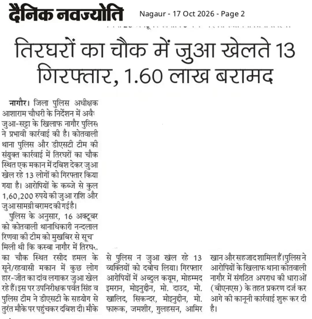 श्री आशा राम चौधरी SP नागौर के निर्देशन में SHO थाना कोतवाली नागौर मय टीम द्वारा डीएसटी नागौर की सूचना पर अवैध जुआ-सट्टे के विरूद्ध बड़ी कार्यवाही करते हुए 13 जुआरी गिरफ्तार कर 1,60,200/- रूपये जुआ राशि एवं जुआ सामग्री बरामद किया गया।
@IgpAjmer
@PoliceRajasthan