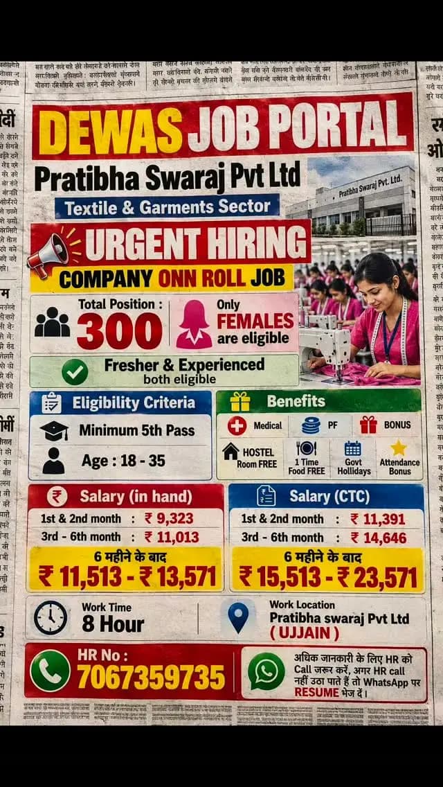 🚨 MEGA HIRING ALERT | 350 पदों पर भर्ती! 🚨
🏢 DEWAS JOB PORTAL
👗 Pratibha Swaraj Pvt. Ltd. – Ujjain
🧵 Textile & Garments Sector
🎯 महिलाओं के लिए शानदार रोजगार का अवसर!
✅ कुल पद: 300
✅ केवल महिलाओं के लिए
✅ फ्रेशर एवं अनुभवी उम्मीदवार पात्र
✅ योग्यता: न्यूनतम 5वीं पास
✅ आयु सीमा: 18–35 वर्ष
✅ कार्य अवधि: 8 घंटे
💰 सैलरी (इन-हैंड):
🔹 पहले 2 महीने: ₹9,323
🔹 तीसरे से छठे महीने तक: ₹11,013
🔹 6 महीने बाद: ₹11,513–₹13,571
🎁 सुविधाएँ:
🏥 मेडिकल, PF एवं बोनस
🏠 रहने के लिए फ्री हॉस्टल
🍱 एक समय का भोजन फ्री
⭐ अटेंडेंस बोनस एवं सरकारी छुट्टियाँ
📍 कार्यस्थल: Pratibha Swaraj Pvt. Ltd., उज्जैन (म.प्र.)
📞 HR संपर्क: 7067359735
📲 अधिक जानकारी के लिए HR को कॉल करें। यदि कॉल रिसीव नहीं हो पाए, तो WhatsApp पर अपना RESUME भेजें।
📢 इस पोस्ट को जरूरतमंद महिलाओं तक जरूर शेयर करें!