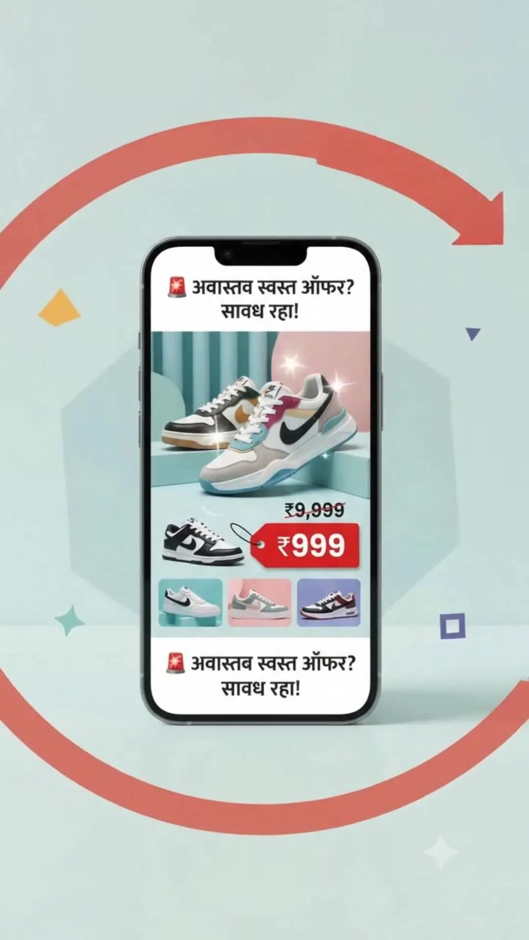 बनावट ऑनलाइन शॉपिंग वेबसाइटपासून सावध रहा!
₹९,९९९ चे शूज फक्त ₹९९९ मध्ये? अवास्तव स्वस्त ऑफर्सच्या आमिषाला बळी पडू नका. खरेदीपूर्वी वेबसाइटची विश्वासार्हता तपासा आणि संशयास्पद लिंकवरून पेमेंट करणे टाळा.
📞 सायबर फसवणूक झाल्यास त्वरित १९३० वर संपर्क साधा.
#CyberAwareness #OnlineShoppingFraud #MaharashtraCyber