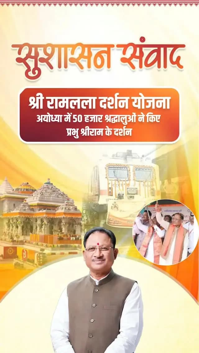 आस्था का सम्मान,
जन-जन का कल्याण।
सुशासन सरकार श्री रामलला दर्शन योजना के माध्यम से छत्तीसगढ़ के श्रद्धालुओं को अयोध्या धाम में प्रभु श्रीराम के दर्शन का पुण्य अवसर मिल रहा है। अब तक 50,000 श्रद्धालु इस योजना के अंतर्गत रामलला के दर्शन कर चुके हैं। विष्णु भैया की यह पहल आस्था, सेवा और जनकल्याण के संकल्प को साकार कर रही है।
#SushasanSarkar #सुशासन_सरकार
#श्री_रामलला_दर्शन_योजना
#सुशासन_संवाद
#SushasanSamvad
विष्णु_भैया VishnuBhaiya
Ministry of Tourism, Government of India CMO Chhattisgarh Vishnu Deo Sai Chhattisgarh Tourism