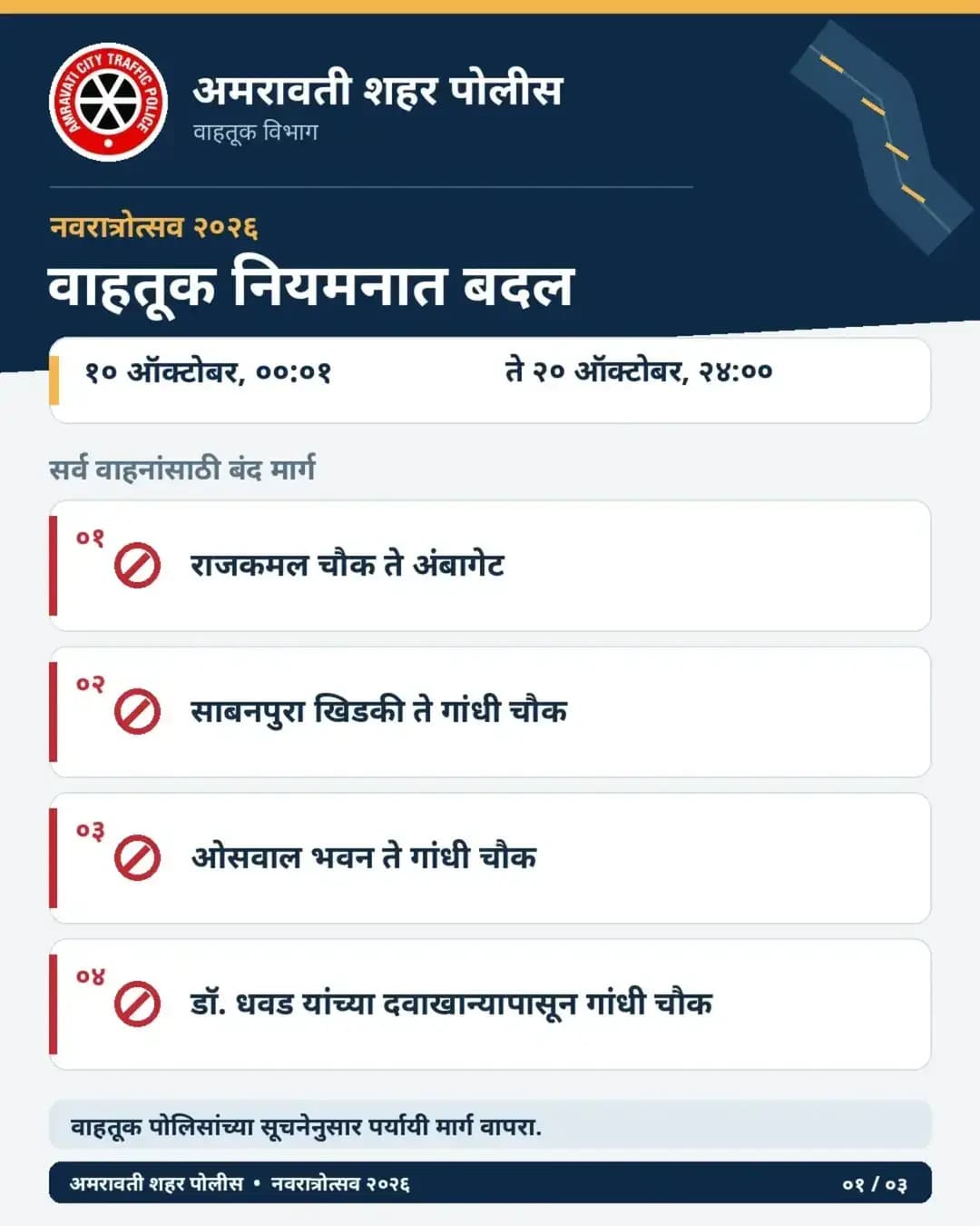 🚦 नवरात्रोत्सव २०२६ | अमरावती शहर वाहतूक पोलीस 🚦
🙏 नवरात्रोत्सवाच्या काळात भाविकांची सुरक्षितता आणि वाहतूक सुरळीत ठेवण्यासाठी वाहतूक व्यवस्थेत बदल करण्यात आले आहेत.
🚫 वाहतुकीसाठी बंद मार्गांचे पालन करा.
🅿️ निर्धारित पार्किंग स्थळांचाच वापर करा.
➡️ वाहतूक पोलिसांनी सुचविलेल्या पर्यायी मार्गांचा अवलंब करा.
आपले सहकार्य, आपली सुरक्षितता!
अमरावती शहर वाहतूक पोलीस 🚔
#Navratri2026 #AmravatiCityPolice #TrafficPolice #TrafficAdvisory #नवरात्रोत्सव२०२६