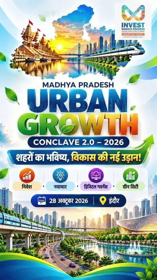 शहरों को आधुनिक सुविधाओं और बेहतर अधोसंरचना से जोड़ने, निवेश की नई संभावनाओं को साकार करने की दिशा में आगे बढ़ रहा मध्यप्रदेश…
मुख्यमंत्री डॉ. मोहन यादव के मुख्य आतिथ्य में Madhya Pradesh Urban Growth Conclave 2.0 का आयोजन
📍 ब्रिलियंट कन्वेंशन सेंटर, इंदौर
🗓️ 28 अक्टूबर, 2026
पंजीयन एवं अधिक जानकारी के लिए विजिट करें-
ugconclave.mp.gov.in
CM Madhya Pradesh Dr Mohan Yadav Jansampark Madhya Pradesh #JansamparkMP #niwari