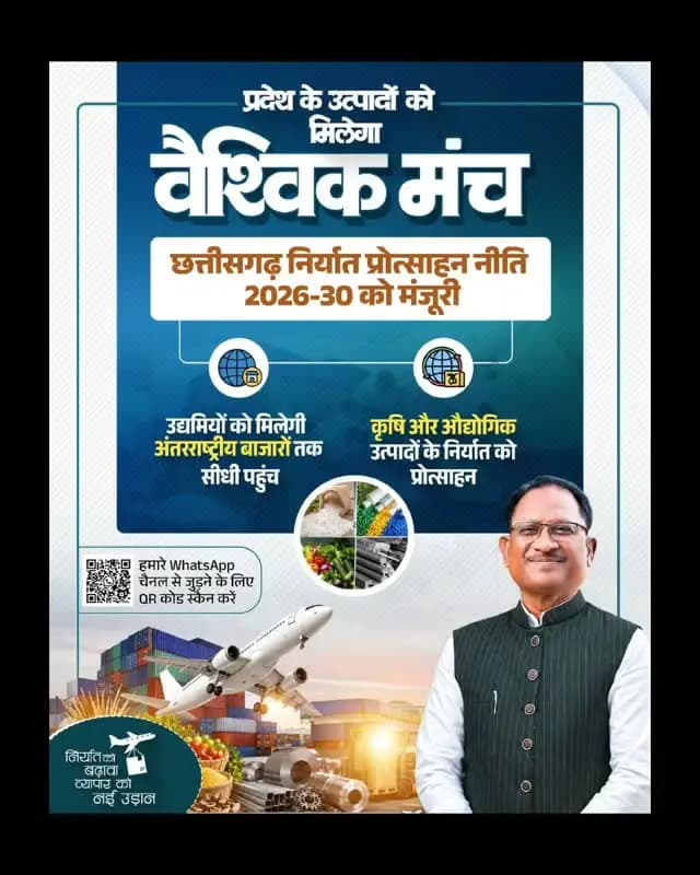 मुख्यमंत्री श्री विष्णु देव साय के नेतृत्व में कैबिनेट द्वारा सितंबर माह में आयोजित कैबिनेट बैठक में ‘छत्तीसगढ़ निर्यात प्रोत्साहन नीति 2026-30’ को मंजूरी दी है।
इस नीति से प्रदेश के कृषि एवं औद्योगिक उत्पादों के निर्यात को बढ़ावा मिलेगा और उद्यमियों को अंतरराष्ट्रीय बाजारों तक पहुंच के नए अवसर मिलेंगे।
#ViksitChhattisgarh #Sushasansarkar #ExportPromotion #Chhattisgarh #GlobalTrade