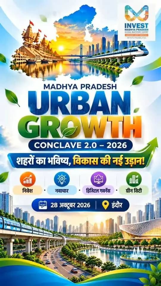 मुख्यमंत्री डॉ. मोहन यादव के मुख्यातिथ्य में Madhya Pradesh Urban Growth Conclave 2.0 का आयोजन
📍 ब्रिलियंट कन्वेंशन सेंटर,इंदौर
🗓️ 28 अक्टूबर,2026
पंजीयन एवं अधिक जानकारी के लिए विजिट करें- ugconclave.mp.gov.in
#JansamparkMP
#CMMadhyaPradesh
Department of Urban Development & Housing MP
#katni #कटनी