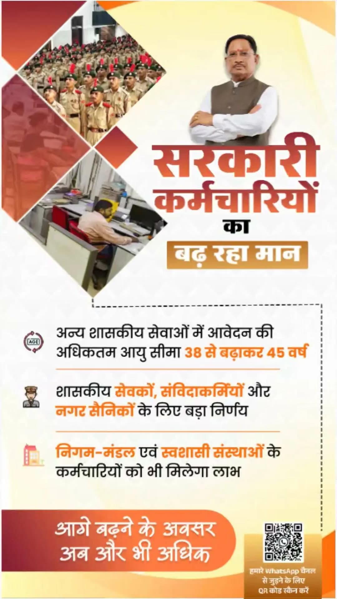 अनुभव को अवसर, आगे बढ़ने की नई राह!
मुख्यमंत्री श्री विष्णु देव साय के नेतृत्व में शासकीय सेवकों, संविदाकर्मियों, निगम-मंडल एवं स्वशासी संस्थाओं के कर्मचारियों तथा नगर सैनिकों के लिए अन्य शासकीय सेवाओं में आवेदन की अधिकतम आयु सीमा 38 से बढ़ाकर 45 वर्ष करने के प्रस्ताव को मंजूरी।
#Sushasansarkar #VishnuDeoSai #Chhattisgarh
