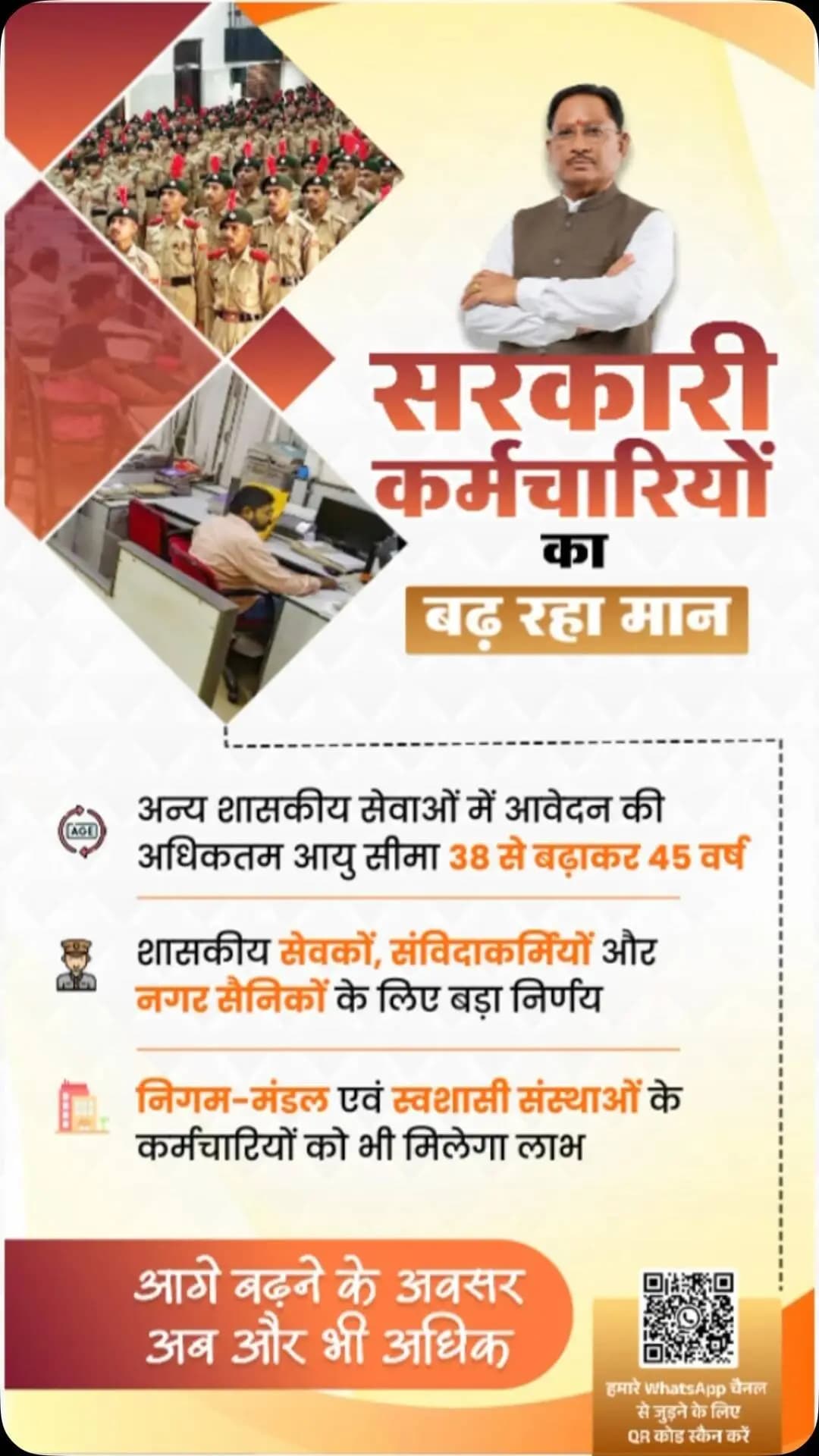 अनुभव को अवसर, आगे बढ़ने की नई राह!
मुख्यमंत्री श्री विष्णु देव साय के नेतृत्व में शासकीय सेवकों, संविदाकर्मियों, निगम-मंडल एवं स्वशासी संस्थाओं के कर्मचारियों तथा नगर सैनिकों के लिए अन्य शासकीय सेवाओं में आवेदन की अधिकतम आयु सीमा 38 से बढ़ाकर 45 वर्ष करने के प्रस्ताव को मंजूरी।
#Sushasansarkar #VishnuDeoSai #Chhattisgarh