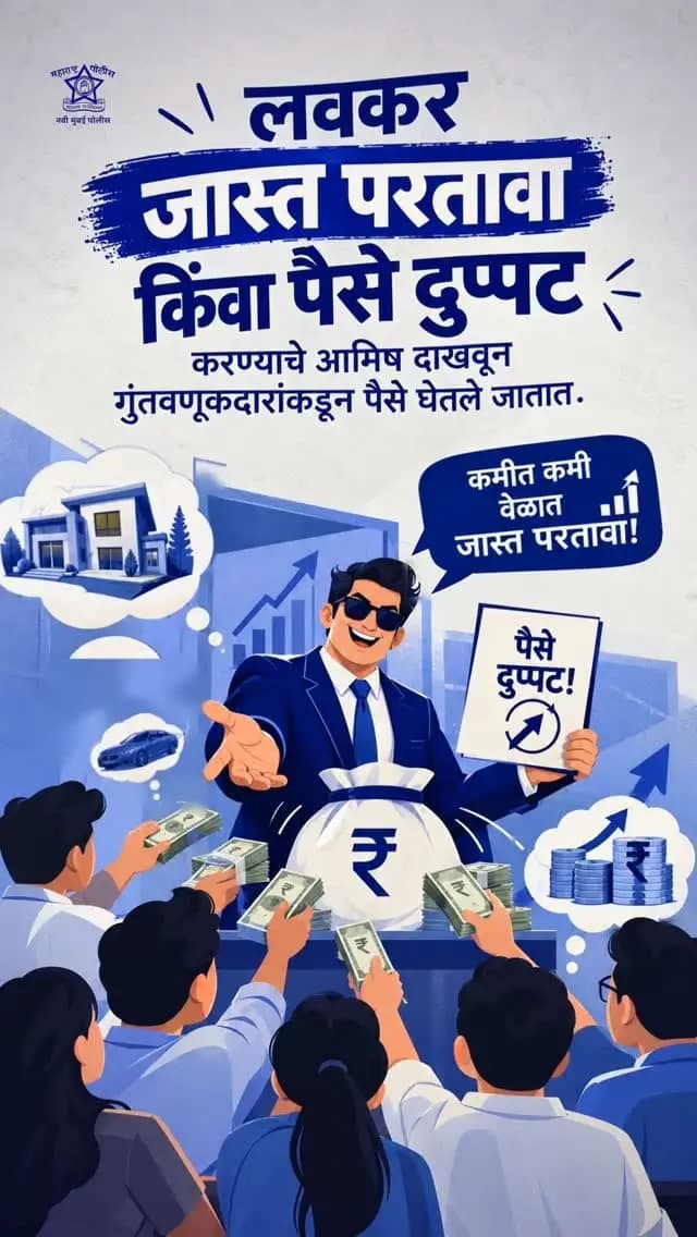“कमी कालावधीत पैसे दुप्पट” करण्याचे आमिष दाखवणाऱ्या योजनांपासून सावध राहा. सुरुवातीला परतावा देऊन विश्वास संपादन करणाऱ्या अशा फसव्या योजनांमध्ये तुमची आयुष्यभराची बचत गमावण्याची वेळ येऊ शकते.
आमिष ओळखा, फसवणूक टाळा! आर्थिक व्यवहार करताना सतर्क राहा आणि कोणत्याही अवास्तव परताव्याच्या आश्वासनाला बळी पडू नका.
📞 आपत्कालीन हेल्पलाइन: 112
📞 FIU हेल्पलाइन: +91 77009 20766
#navimumbaipolice #stayalert #ponzischemes #staysafe #cyberawareness