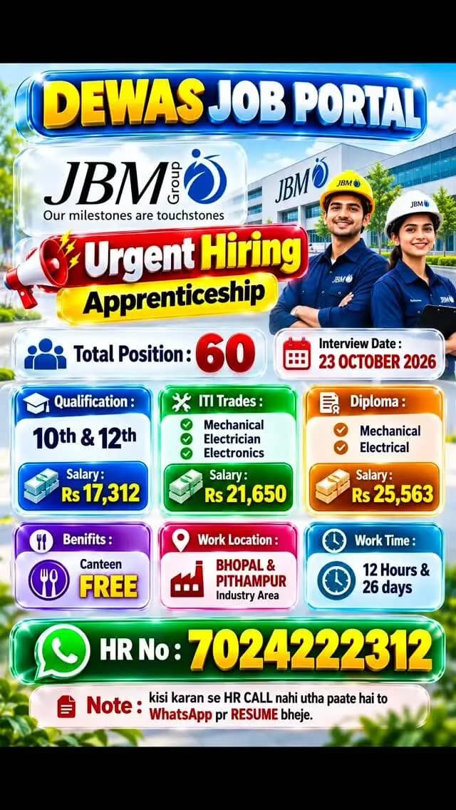 JBM Group Recruitment 2026, JBM Group Apprentice Vacancy, JBM Group Jobs, Dewas Job Portal, Dewas Jobs, Bhopal Job Vacancy, Pithampur Job Vacancy, Indore Job Vacancy, Madhya Pradesh Jobs, MP Private Jobs, Apprentice Bharti 2026, 10th Pass Job, 12th Pass Job, ITI Job Vacancy, Mechanical ITI Jobs, Electrician Jobs, Electronics ITI Jobs, Diploma Mechanical Jobs, Diploma Electrical Jobs, Fresher Jobs MP, Private Company Jobs, Factory Jobs in MP, ₹25563 Salary Job, Urgent Hiring MP, Campus Placement, Job Alert Hindi, Latest Job Vacancy 2026, Walk In Interview MP, Free Canteen Facility, MP Rojgar, Dewas Job Updates, Hindi Job Updates, WhatsApp Resume Apply, DEWAS JOB PORTAL Official
