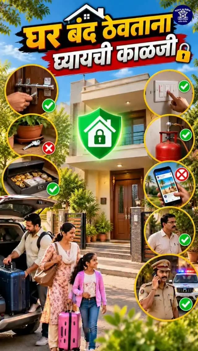 🏠🔒 घर बंद ठेवताना काळजी घ्या!
🚨 बाहेरगावी जाताना घराची सुरक्षा सुनिश्चित करा. दरवाजे व खिडक्या व्यवस्थित बंद करा, मौल्यवान वस्तू सुरक्षित ठेवा आणि संशयास्पद हालचाली आढळल्यास पोलिसांना कळवा. 👮♂️🛡️
आपली सतर्कता, आपल्या घराची सुरक्षा! 💙 🚔 वाशिम पोलीस – सदैव जनतेच्या सेवेत!
#वाशिमपोलीस #घराचीसुरक्षा #सुरक्षितघर #सतर्करहा #policeforyou