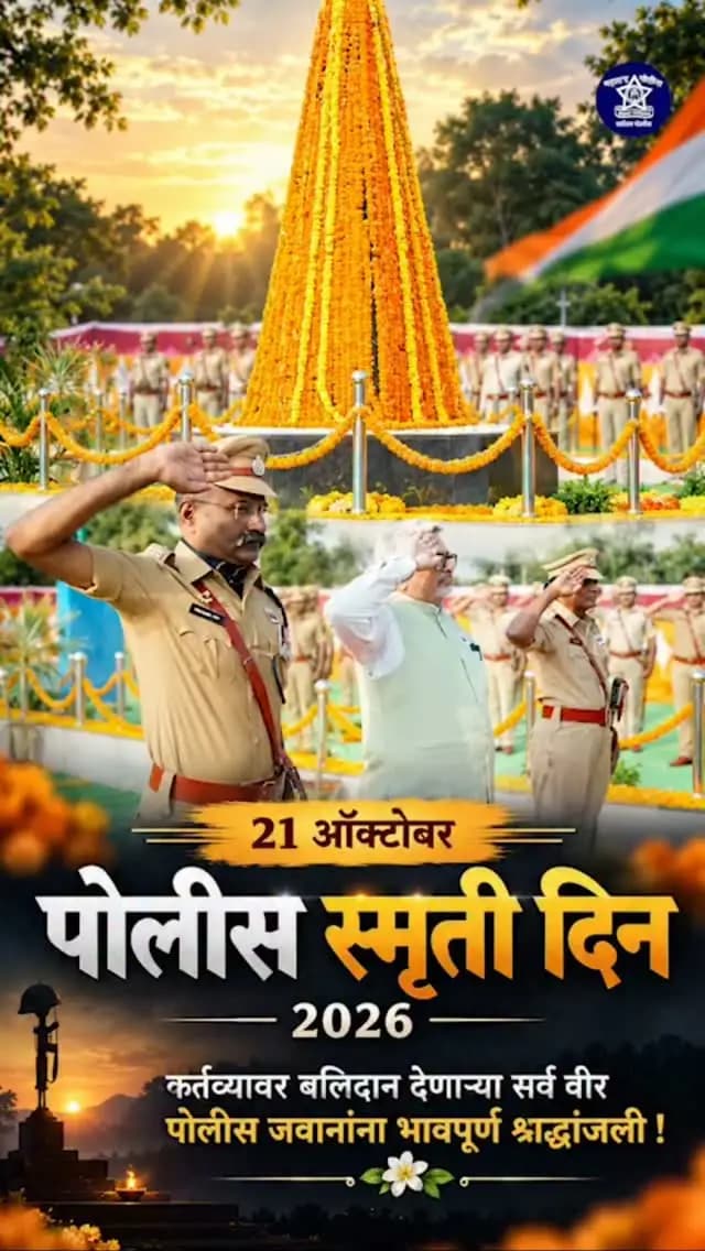 🚩 २१ ऑक्टोबर | पोलीस स्मृती दिन २०२६ 🇮🇳
🕯️ कर्तव्य हाच धर्म… जनसेवा हेच ध्येय… आणि देशरक्षणासाठी सर्वोच्च बलिदान!
🇮🇳 देशाची सुरक्षा, कायदा व सुव्यवस्था आणि जनतेच्या रक्षणासाठी कर्तव्य बजावताना प्राणांची आहुती देणाऱ्या सर्व वीर पोलीस जवानांना वाशिम पोलीस दलाकडून विनम्र अभिवादन व भावपूर्ण श्रद्धांजली! 🙏💐
💐 आपले शौर्य, त्याग आणि समर्पण सदैव प्रेरणादायी राहील!
#PoliceCommemorationDay #पोलीसस्मृतीदिन #वाशिमपोलीस #वीरजवान #भावपूर्णश्रद्धांजली