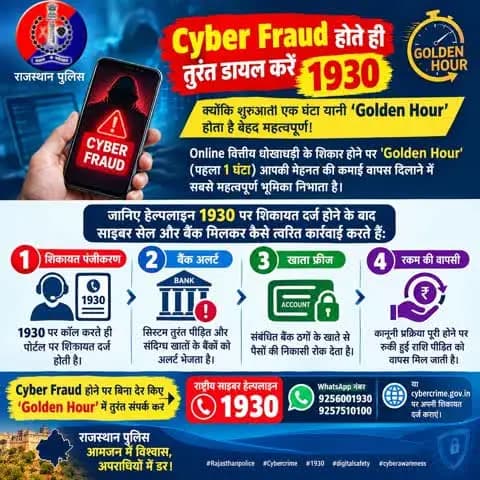 Cyber Fraud होते ही तुरंत डायल करें 1930 क्योंकि शुरुआती एक घंटा यानी ’Golden Hour’ होता है बेहद महत्वपूर्ण!
Online वित्तीय धोखाधड़ी के शिकार होने पर 'Golden Hour' (पहला 1 घंटा) आपकी मेहनत की कमाई वापस दिलाने में सबसे महत्वपूर्ण भूमिका निभ
