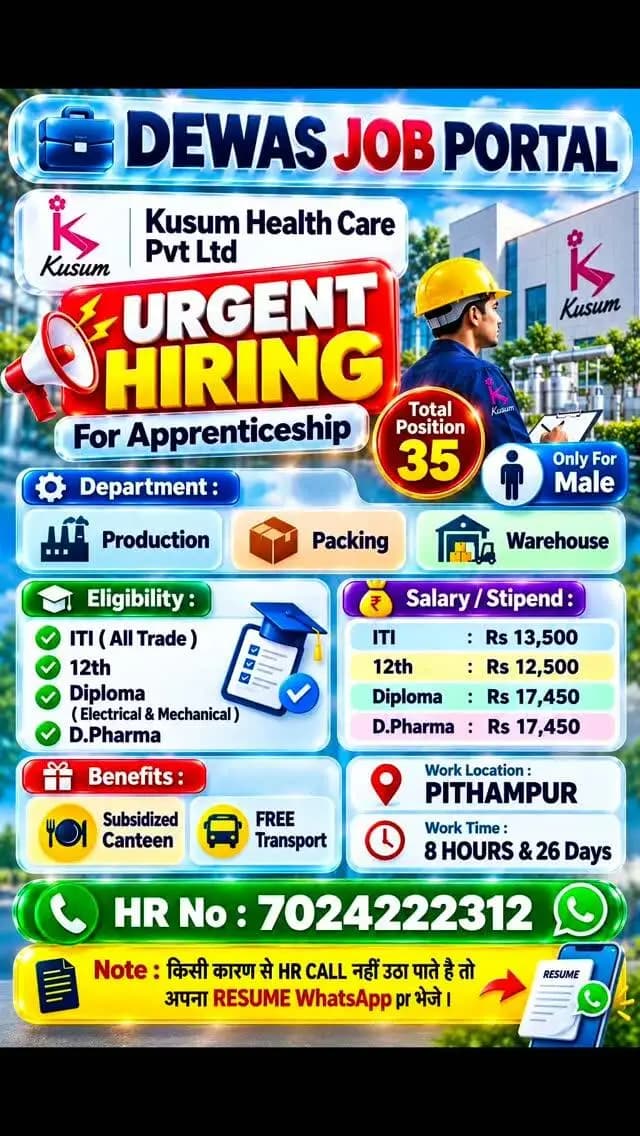 ЁЯЪи URGENT HIRING тАУ APPRENTICESHIP OPPORTUNITY! ЁЯЪи
ЁЯПв Company: Kusum Health Care Pvt. Ltd.
ЁЯУН Work Location: Pithampur
ЁЯСи Total Vacancies: 35 (Only Male Candidates)
ЁЯОУ Eligibility:
тЬЕ ITI (All Trades)
тЬЕ 12th Pass
тЬЕ Diploma (Electrical & Mechanical)
тЬЕ D.Pharma
ЁЯТ░ Salary / Stipend:
ЁЯФ╣ ITI тАУ тВ╣13,500
ЁЯФ╣ 12th тАУ тВ╣12,500
ЁЯФ╣ Diploma тАУ тВ╣17,450
ЁЯФ╣ D.Pharma тАУ тВ╣17,450
ЁЯОБ Benefits:
тЬЕ Subsidized Canteen
тЬЕ FREE Transport
тП░ 8 Hours Duty | 26 Days Working
ЁЯУЮ HR Contact: 7024222312
ЁЯУ▓ Important Note: рдХрд┐рд╕реА рдХрд╛рд░рдгрд╡рд╢ HR рдХреЙрд▓ рдирд╣реАрдВ рдЙрдард╛ рдкрд╛рддреЗ рд╣реИрдВ, рддреЛ рдЕрдкрдирд╛ Resume WhatsApp рдкрд░ рднреЗрдЬреЗрдВред
ЁЯУв рдЕрдкрдиреЗ рджреЛрд╕реНрддреЛрдВ рдХреЗ рд╕рд╛рде рднреА рдпрд╣ Job Vacancy рд╢реЗрдпрд░ рдХрд░реЗрдВ!
DEWAS JOB PORTAL тАУ рдЖрдкрдХреЗ рдХрд░рд┐рдпрд░ рдХреА рд╕рд╣реА рд╢реБрд░реБрдЖрдд!
Keywords: Dewas Job Portal, Kusum Health Care Recruitment, Urgent Hiring, Apprenticeship Vacancy, Pithampur Jobs, ITI Apprentice Jobs, ITI All Trades, Diploma Electrical Jobs, Diploma Mechanical Jobs, D Pharma Jobs, 12th Pass Jobs, Fresher Jobs, Male Candidates Jobs, Manufacturing Jobs, Production Jobs, Packing Jobs, Warehouse Jobs, Jobs in Madhya Pradesh, Pithampur Recruitment, Free Transport Facility, Subsidized Canteen, Latest Job Vacancy 2026