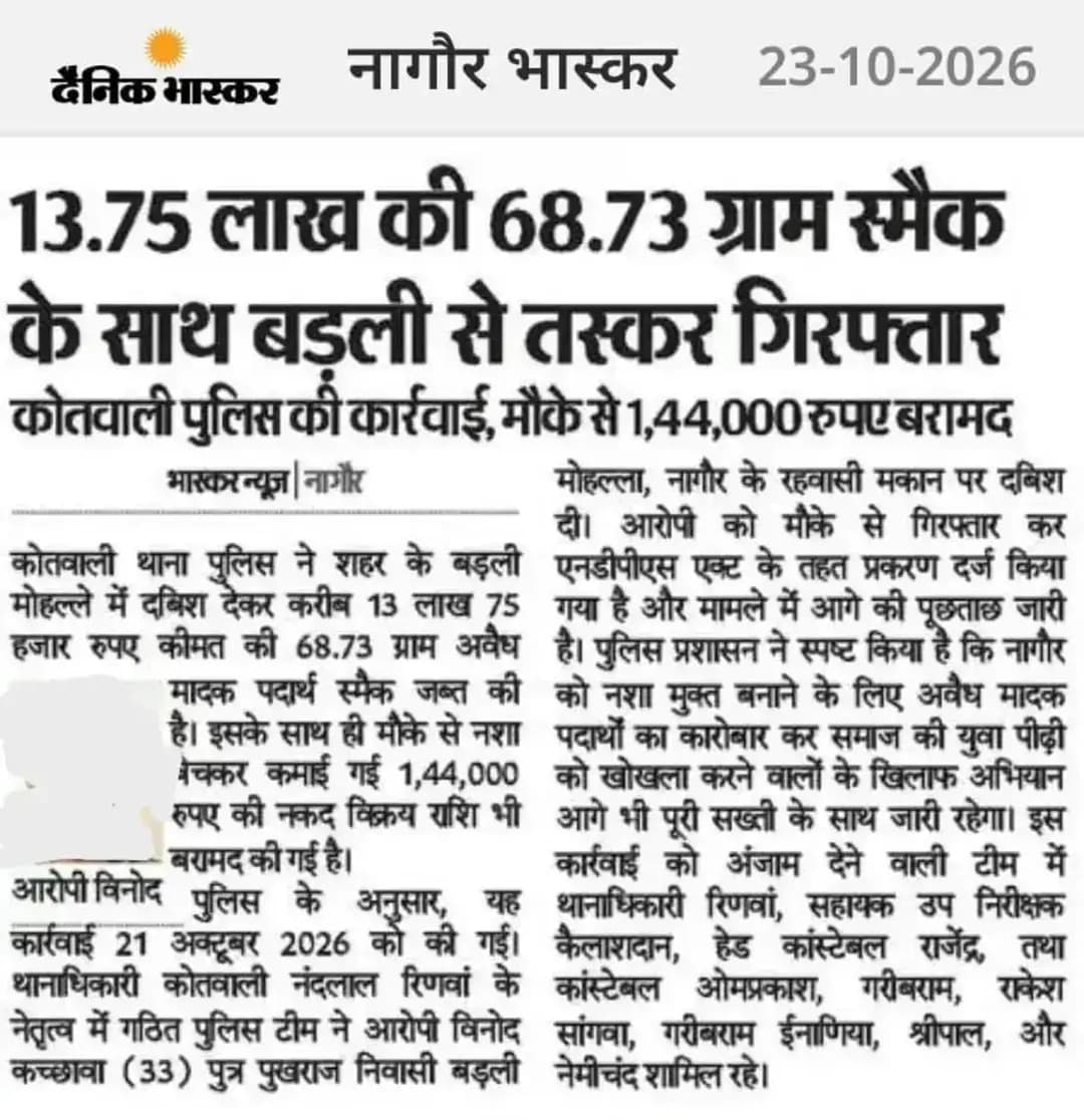 श्री आशा राम चौधरी SP नागौर के निर्देशन में SHO कोतवाली नागौर मय टीम द्वारा ऑपरेशन नशा मुक्त नागौर अभियान की कड़ी में लगभग 13.75 लाख रूपये कीमतन 68.73 ग्राम अवैध मादक पदार्थ स्मैक एवं 1,44,000/- रूपये अवैध मादक पदार्थ विक्रय राशि बरामद कर, एक आरोपी विनोद को किया गिरफ्तार।
@IgpAjmer
@PoliceRajasthan