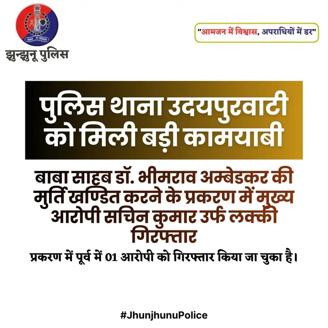 बाबा साहब डॉ. भीमराव अम्बेडकर की मुर्ति खण्डित करने के प्रकरण में मुख्य आरोपी सचिन कुमार उर्फ लक्की गिरफ्तार <nis:link nis:type=tag nis:id=jhunjhunupolice nis:value=JhunjhunuPolice nis:enabled=true nis:link/>